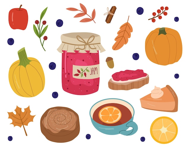 Gemütliches Herbstset mit Marmelade, Tee, Brötchen, Kürbissen, Apfel, Blättern und Beeren. Vektor handgezeichnete Cartoon-Illustration.