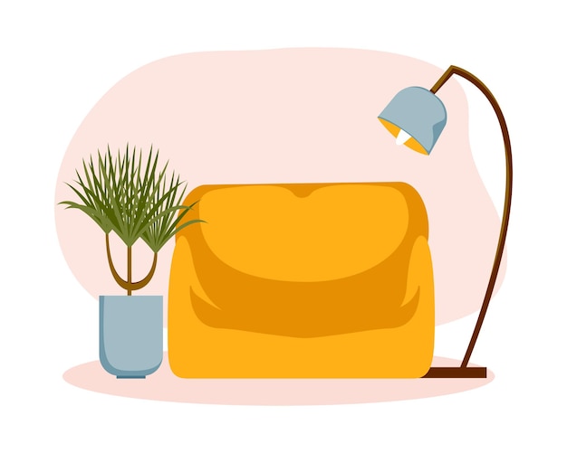 Gemütliches Interieur Sofa Stehlampe Pflanze im Topf Niedliche Vektorillustration