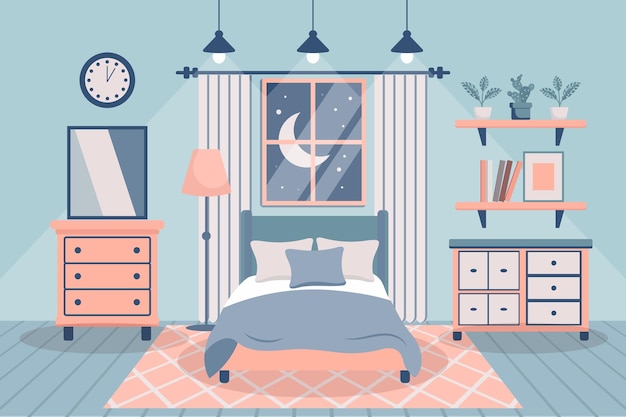 Gemütliches Schlafzimmer Schlafzimmer Innenbett mit Kissen Teppich Nachttische Schrankfenster Innenraum
