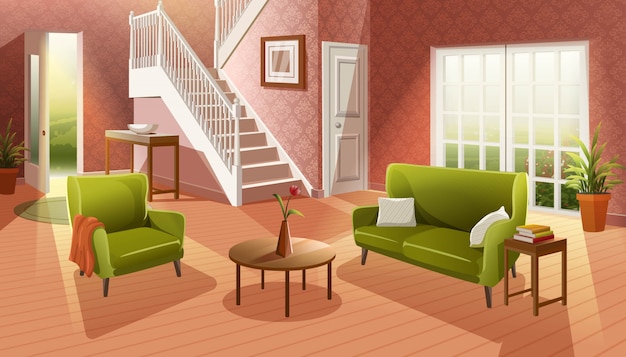 gemütliches Wohnzimmer im Cartoon-Stil mit Holzboden und Möbeln, Sofa, Tisch und Fenster zum Garten.