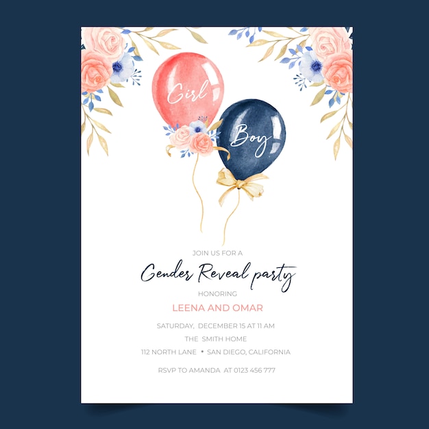 Gender reveal party einladung mit niedlichen ballon- und blumenillustration