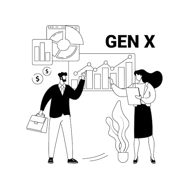 Generation x abstraktes konzept vektor-illustration eltern im mittleren alter work-life-balance starke professionelle personal computer im kalten krieg zahlen schulden stabil sparplan abstrakte metapher