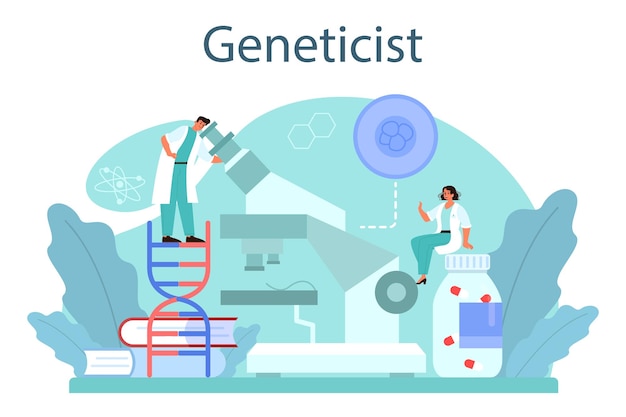 Genetiker-konzept medizin und wissenschaftstechnologie wissenschaftler arbeiten mit molekülstruktur analyse und innovation vektorillustration im cartoon-stil