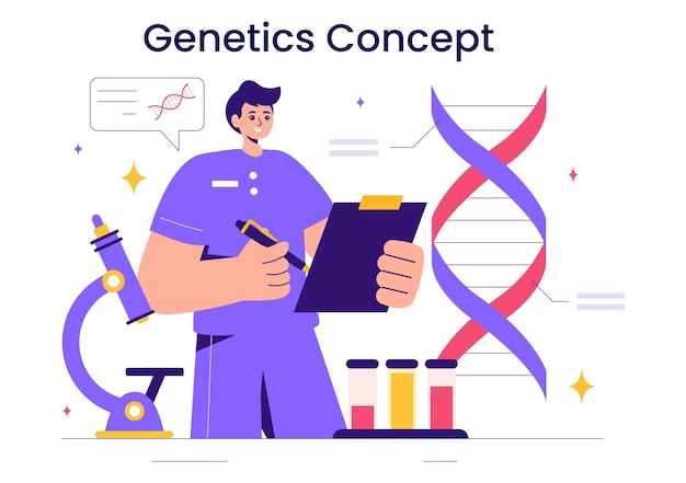Genetische Wissenschaft Konzept Vektor-Illustration mit einer DNA-Molekülstruktur und Science Technology Engineering in der Gesundheitsversorgung mit einem Hintergrund