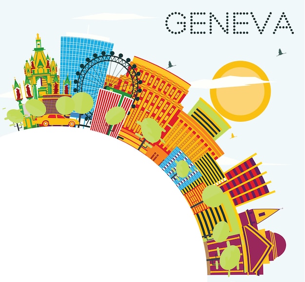 Genfer skyline mit farbgebäuden, blauem himmel und textfreiraum. vektor-illustration. geschäftsreise- und tourismuskonzept. bild für präsentationsbanner-plakat und website.