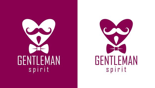 Gentleman-herzvektorsymbol oder -logo, herzform mit krawattenschnurrbart und brillensymbol, männerclub, männlicher hipster-stil und mode.