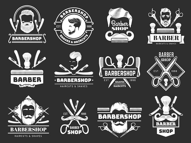 Gentleman-Logo. Barber Shop Artikel Schere Klinge Kammbürste Fön aktuelle Vektoretiketten. Illustration Friseursalon und Friseursalon