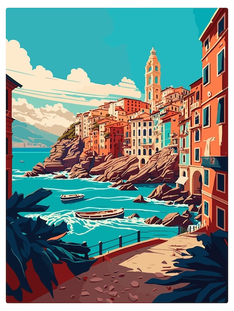 Vektor genua italien vintage reiseplakat souvenir postkarte porträt malerei wpa illustration