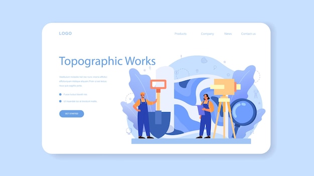 Geodesy Science Web-Vorlage oder Landing Page. Landvermessungstechnologie. Engineering- und Topographie-Ausrüstung. Menschen mit Kompass und Karte.