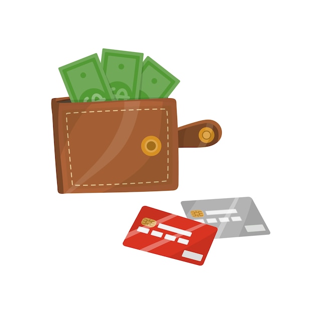 Vektor geöffnete lederbrieftasche mit geld und kreditkarten