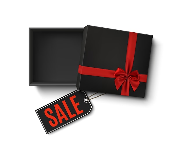 Geöffnete schwarze leere Geschenkbox mit rotem Band, Schleife und Verkaufspreisschild auf weißem Hintergrund. Draufsicht. Vorlage für, Banner, Broschüre oder Poster. Illustration.