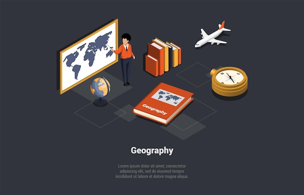 Geographie, studieren, thema, bildung, und, wissenschaft, begriff, männlicher charakter, lehrer, stehen, an, dass, tafel, mit, weltkarte, bei, riesig, globus, kompass, atlas, isometrische, 3d, karikatur, vektor, illustration