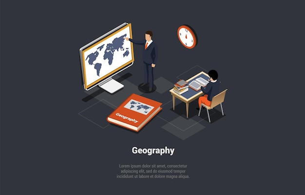 Vektor geographie studieren thema bildung und wissenschaft konzept männlicher charakter lehrer stehen an der tafel mit weltkarte in der nähe von großen geographie lehrbuch isometrische 3d-cartoon-vektor-illustration