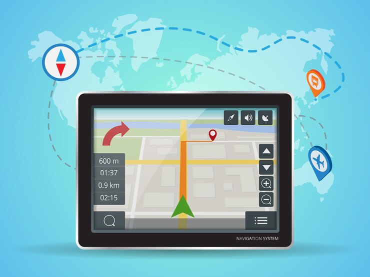 Vektor geolocation gps-navigation touchscreen-tablet. weltkarte. mobile gps-navigation. tablet. konzept für mobile technologien.