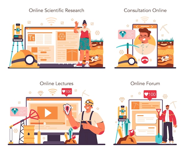 Geologie-Online-Dienst oder Plattform-Set. Wissenschaftler untersuchen Struktur, Entwicklung der Erde, natürliche Mineral- und Energieressourcen. Online-Beratung, Forum, Vortrag, Recherche. Flache Vektorillustration