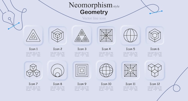 Geometrie-Ikonensatz im Neomorphismus-Stil Dreieck verschachtelte Würfel Gitter Kugel verschachtelde Quadrate Formen Mathematik Muster abstrakte Vektorlinien Kunstsymbole Designelemente Illustration