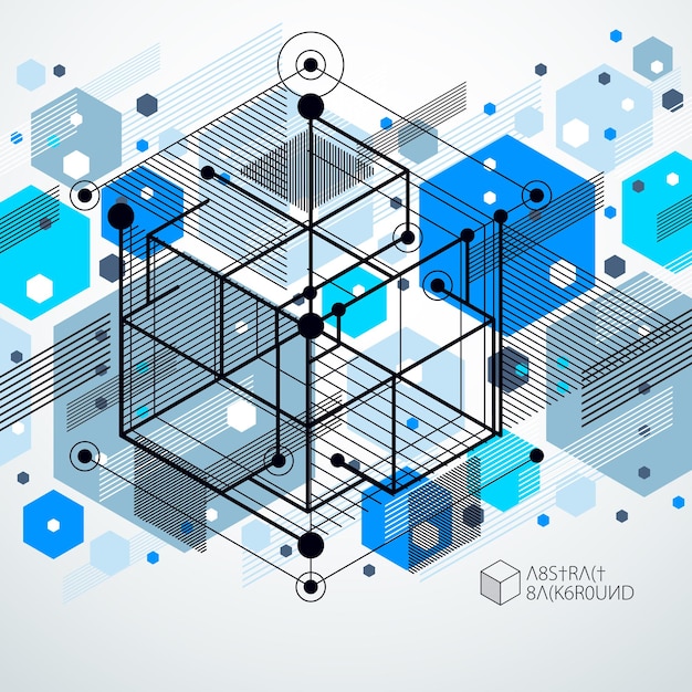 Geometrische 3D-Elemente des abstrakten Vektors in der blauen Schablonenzusammensetzung des futuristischen Stils. Technischer Plan kann im Webdesign und als Hintergrundbild oder Hintergrund verwendet werden.