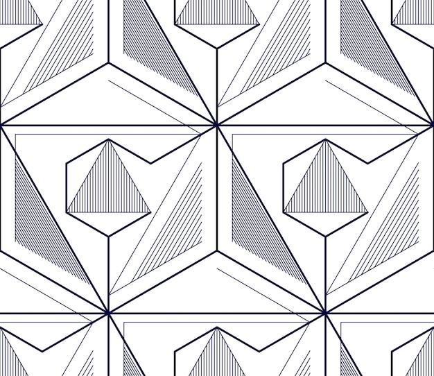 Vektor geometrische 3d-linien abstraktes nahtloses muster, vektorhintergrund. technologie-stil engineering strichzeichnung endlose illustration. einfarbig, schwarz und weiß.