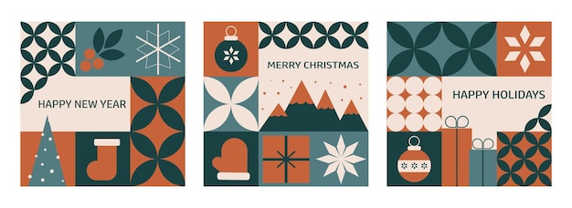 Geometrische Banner mit Weihnachts- und Neujahrsthemen mit traditionellen Symbolen der Winterferien