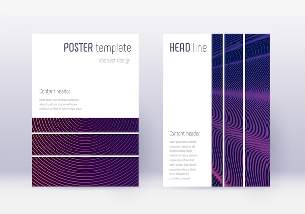 Geometrische cover-design-vorlagensatz. violette abstrakte linien auf dunklem hintergrund. mutiges cover-design. bezaubernder katalog, poster, buchvorlage etc.