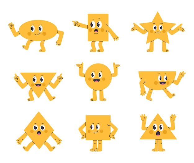 Vektor geometrische figuren mit lustigen gesichtern lustige komische geometrische formen dreieck stern und kreis flachvektor-illustrationssatz cute maskottchen mit verschiedenen emotionen