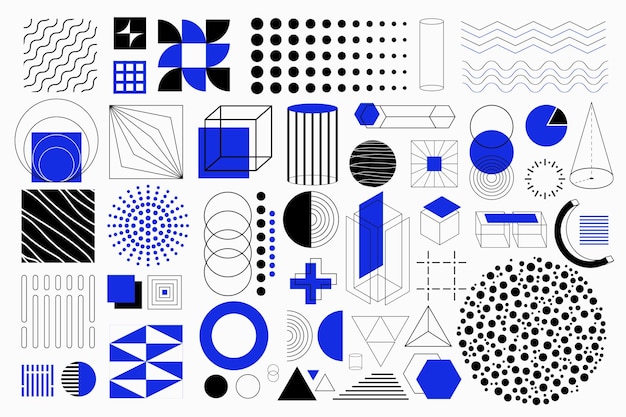 Geometrische formen isolierte elemente in flachem design bündel verschiedener linien quadrate punkte zylinderkreis rautenwürfel kugelmuster kreuzdreiecke und andere vektorillustration