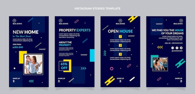 Geometrische Immobilien-Instagram-Geschichten mit flachem Design