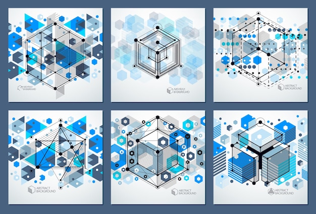 Geometrische isometrische blaue Hintergründe des abstrakten Vektors eingestellt. Mechanisches Schema, Vektorkonstruktionszeichnung mit Würfel- und geometrischen Mechanismusteilen.