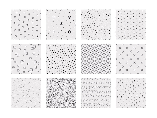 Geometrische Kritzelmuster. Handgezeichnete, einfache, nahtlose Drucke. Minimalistische Hintergründe mit Punkten und Linien, Strichen oder Ringen. Bunte Skizzenornamente-Attrappe. Vektor-Set mit abstrakten dekorativen Abdeckungen