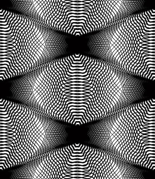 Vektor geometrische monochrome gestreifte überlagerung nahtloses muster, schwarz-weißer vektor abstrakter hintergrund. grafischer symmetrischer kaleidoskophintergrund.