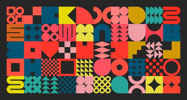 Geometrische Texturen mit einfachen Formen symbolisieren farbenfrohe primitive Elemente und bilden Bauhaus-Retro.