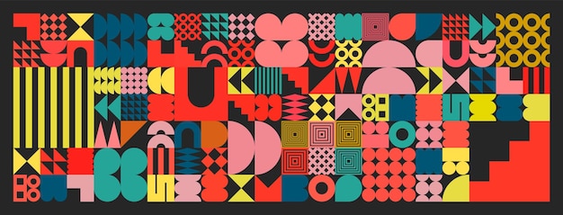 Geometrische Texturen mit einfachen Formen symbolisieren farbenfrohe primitive Elemente und bilden Bauhaus-Retro.