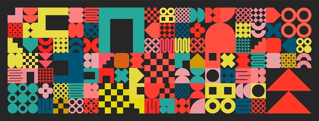 Geometrische Texturen mit einfachen Formen symbolisieren farbenfrohe primitive Elemente und bilden Bauhaus-Retro.