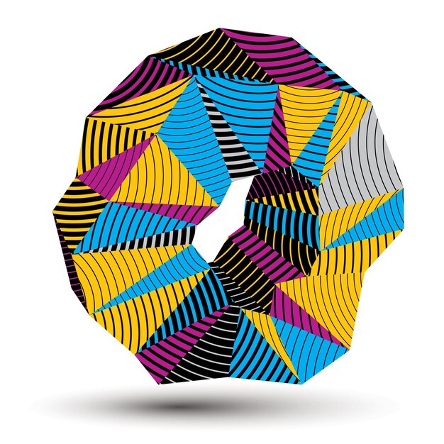 Geometrisches abstraktes kompliziertes gestreiftes Vektorobjekt 3D, buntes asymmetrisches dreidimensionales Element lokalisiert.