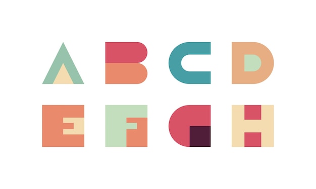 Geometrisches alphabet und moderne abstrakte schrift mit zahlen, satzzeichen, stilisiert bunt.