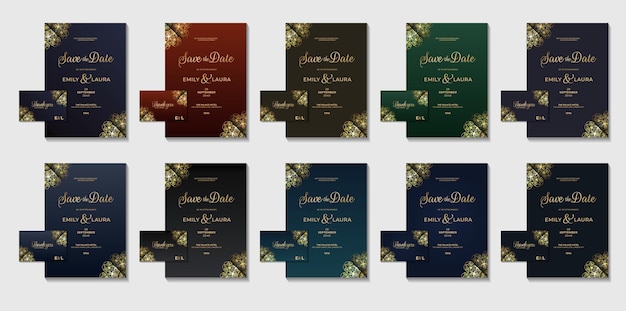 Geometrisches goldenes Luxus-Hochzeitseinladungskartendesign mit Bundle-Set-Sammlung mit Farbvariationen-Flyerkarten-Vektorvorlage