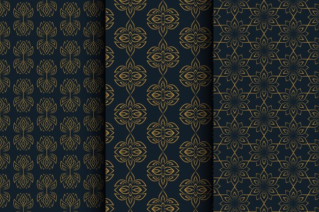 Geometrisches Luxus-Dreiecksmuster-Set. Flache lineare Kreis-Stern-Set, Gold-Schwarz-Muster-Kollektion