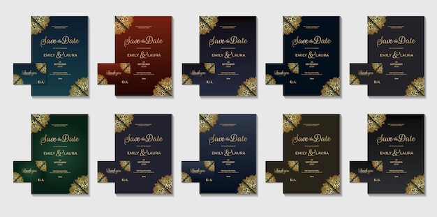 Geometrisches Luxus-Hochzeitseinladungskartendesign mit Set-Sammlung mit Farbvariationen-Flyerkarten-Vektorvorlage