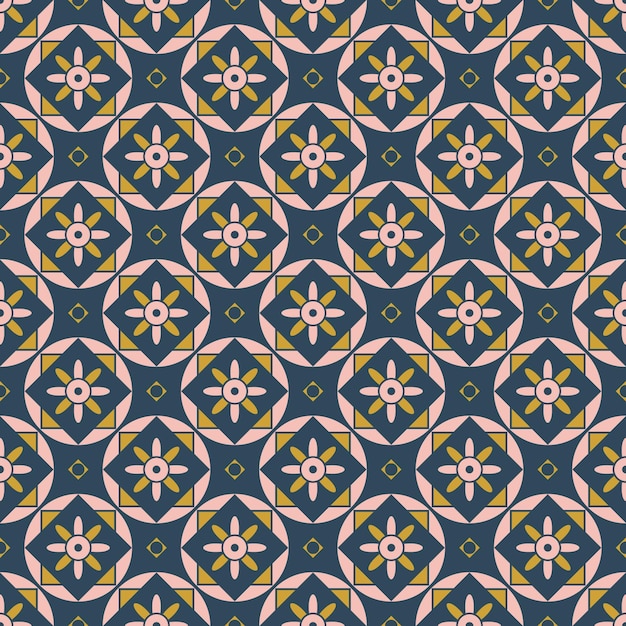 Geometrisches Muster mit hellrosa und senffarbenen Formen auf tiefblauem Hintergrund