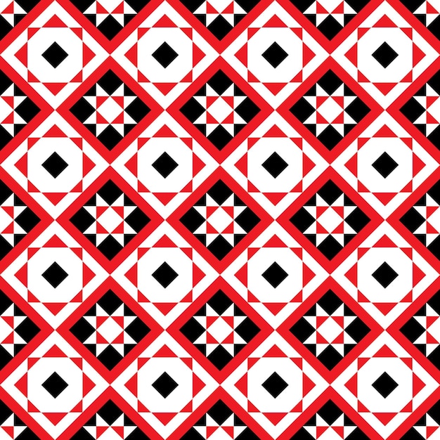 Geometrisches Muster mit roten, schwarz-weißen Quadraten und Diamantenformen