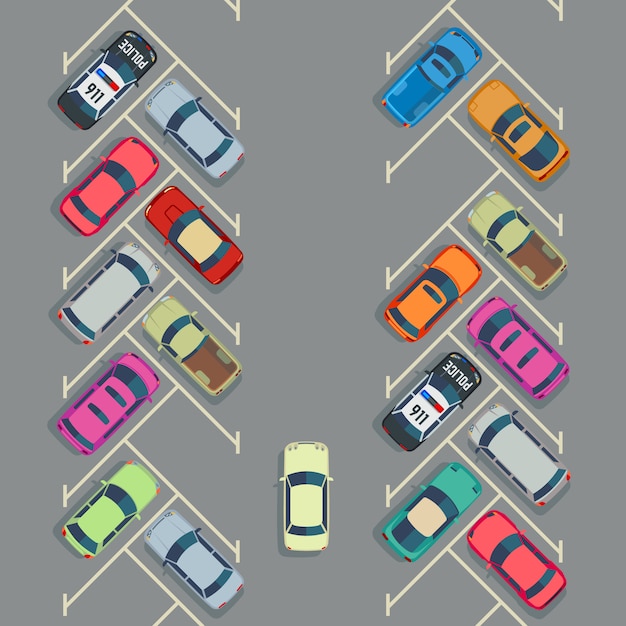 Geparkte autos auf der draufsicht des parkens, städtischer transport