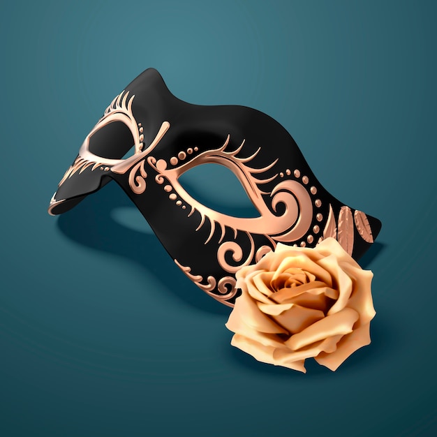 Geprägte schwarze maske mit goldener rose