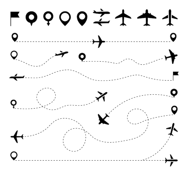 Gepunktete fluglinie des flugzeugs gepunktete linie der flugroute der fluglinie flugbahn der fluglinie