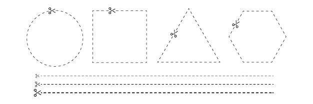 Gepunktete gutscheingrenze. gepunkteter kreis, quadrat, dreieck und rechteck. isolierter umrissrabatt. vect