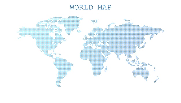 Gepunktete leere blaue weltkarte isoliert auf weißem hintergrund weltkarte-vektorvorlage für das design von website-infografiken weltkarte der flachen erde mit runden punkten illustration