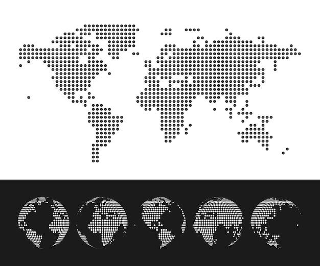 Gepunktete weltkarte und globus-set. illustration