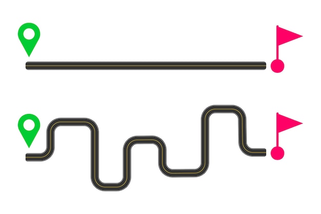 Vektor gerade und kurvige straßen mit markup vom startkartenstift bis zum zielflaggenschild einfacher und schwieriger weg