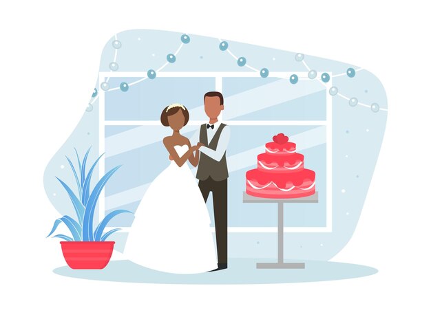 Vektor gerade verheiratetes paar posiert mit ferienkuchen glückliche romantische neulinge am hochzeitstag flachvektor-illustration