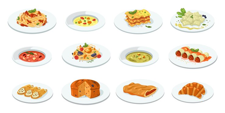 Vektor gerichte der italienischen küche, mediterrane traditionelle gerichte, köstliche pasta und pizza, salami und käse im café und restaurant vector flat set