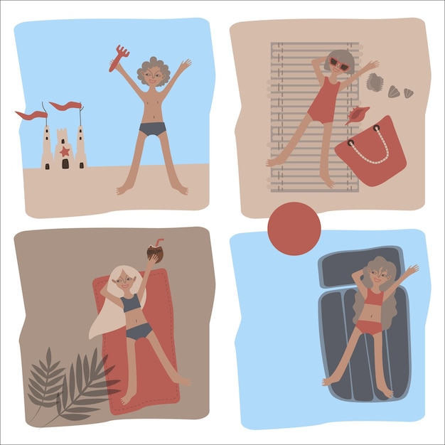 Gerötete Kinder entspannen sich am Strand Jungen und Mädchen Set von Vektorszenen mit Palmen